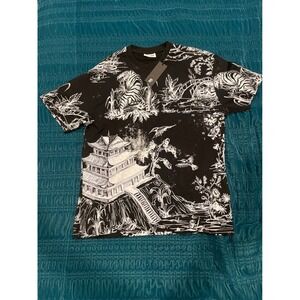 LEFT POINT Black White Asian Landscape Print T Shirt Mens Size M